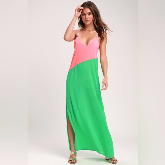 Lulus Other - Lulu's Seaside Retreat Coral Pink and Green Maxi Cover-Up- Size S